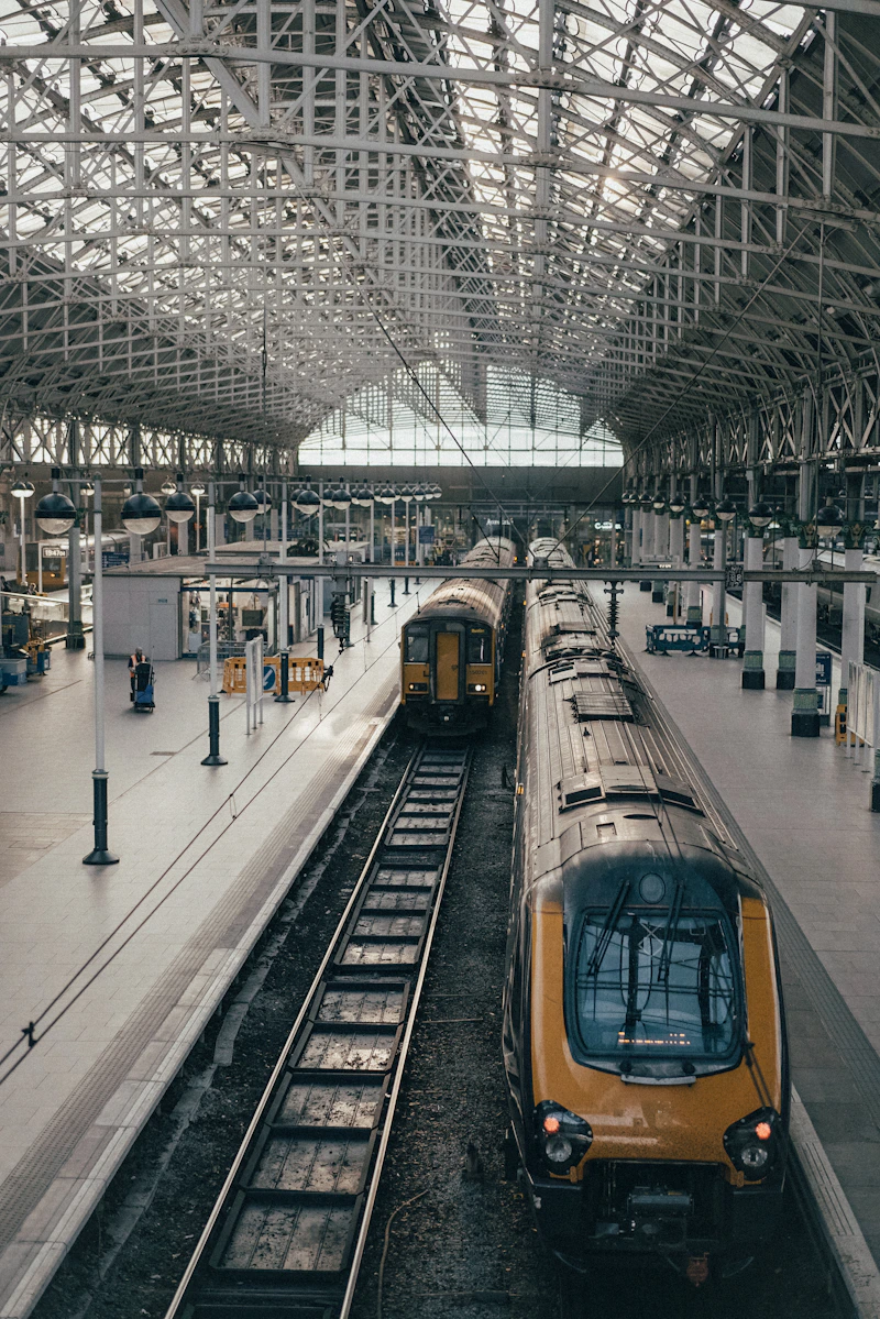 Railway tracks and city skyline