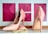 A pair of glossy, pink high-heeled shoes is displayed on a white surface. In front of the shoes, there is a strand of cream-colored pearls partially wrapped around a small pink fabric accessory. The background consists of three pink rectangles featuring floral patterns.