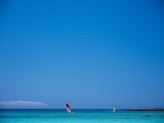 Two windsurfers are gliding over a clear, turquoise sea under a vast blue sky. The horizon is visible in the distance, and there is a small patch of land on the right side of the image. The scene conveys a sense of freedom and leisure.