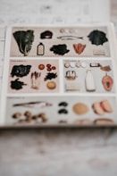 A page from a vintage nutritional guide displaying various food items categorized based on vitamins. The top section highlights foods rich in a specific vitamin, including leafy greens, fish, carrots, and a bottle possibly containing oil. The lower sections depict foods high in vitamins C and D, featuring citrus fruits, eggs, dairy, and other produce. The imagery is slightly blurred, adding a nostalgic feel.