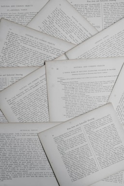 Various pages containing text are scattered, displaying sections with titles such as 'Natural and Common Objects,' 'General Topics,' and 'Technical Points.' The pages appear to be from a book or document discussing educational or instructional topics.