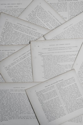 Various pages containing text are scattered, displaying sections with titles such as 'Natural and Common Objects,' 'General Topics,' and 'Technical Points.' The pages appear to be from a book or document discussing educational or instructional topics.