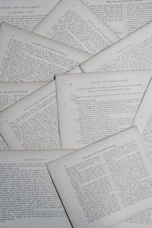 Various pages containing text are scattered, displaying sections with titles such as 'Natural and Common Objects,' 'General Topics,' and 'Technical Points.' The pages appear to be from a book or document discussing educational or instructional topics.