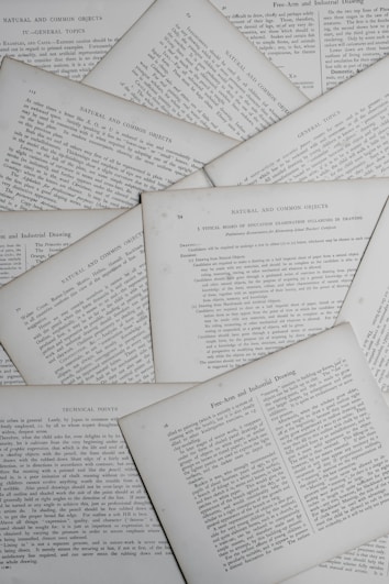 Various pages containing text are scattered, displaying sections with titles such as 'Natural and Common Objects,' 'General Topics,' and 'Technical Points.' The pages appear to be from a book or document discussing educational or instructional topics.