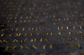 Gold letters carved into a dark stone surface creating a historic and ancient appearance. The text appears in Latin, with some parts of the inscription more in focus than others, adding depth to the composition.