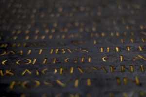 Gold letters carved into a dark stone surface creating a historic and ancient appearance. The text appears in Latin, with some parts of the inscription more in focus than others, adding depth to the composition.