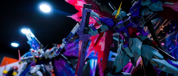 A vibrant action scene setup featuring multiple robot figures in battle.