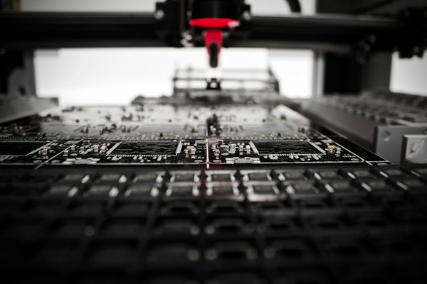Brazo robótico trabajando sobre una placa electrónica en una línea de producción, contexto del marketing digital para electrónica industrial