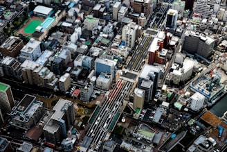 Aerial view of a densely packed urban area featuring a mix of high-rise buildings, residential structures, and commercial facilities. The streets are bustling with cars, and there is a noticeable presence of green sports fields and construction sites. The layout suggests a well-organized cityscape with diverse architecture.