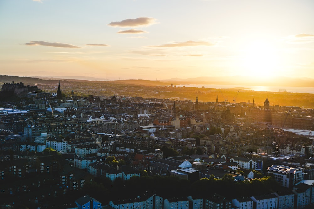 aerial photography of city buildings during sunset