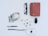 A neatly arranged collection of everyday items on a light-colored surface. These items include a stack of banknotes and several coins, a pair of black glasses, a brown leather wallet, a smartwatch with a black strap, a metallic pen, and a white Nikon camera.