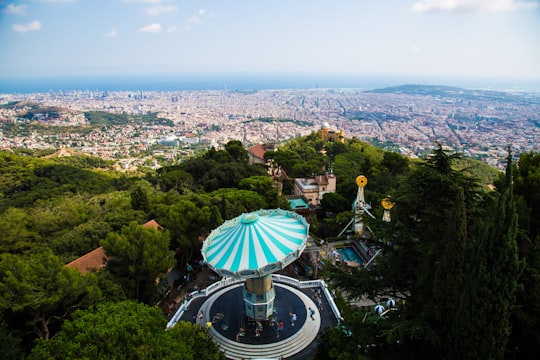 aerial view of village and view of mountains in Park Güell Spain