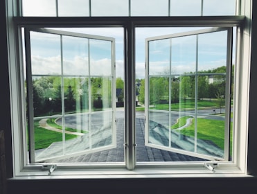 Sparkling clean windows reflecting a beautiful suburban neighborhood.