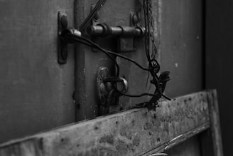 A black and white close-up of a weathered door with a heavy metal latch and lock. The latch is secured with tangled wires, suggesting disuse or extra security. The surface of the door appears rough and aged, adding to the overall rustic feel.