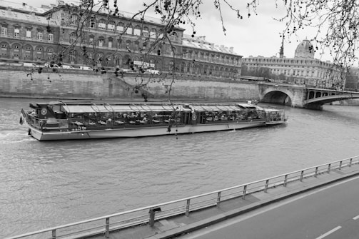 A long, glass-roofed riverboat cruises along a river with a stone embankment and large historic building in the background. Bare tree branches hang down from above, partially framing the scene. An arched bridge is visible in the distance, connecting the two sides of the river.