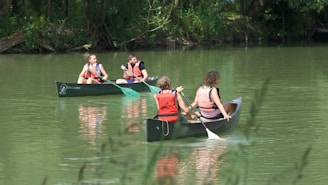 People enjoying canoeing surrounded by lush Atlantic Forest greenery at a sunny river.