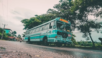 Comfortable micro-bus driving along a lush green highway under a clear blue sky.