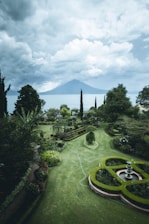 green flower garden viewing sea under white and blue skies