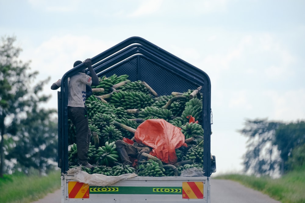 two person riding a truck with bananas