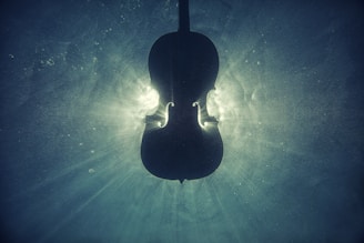 Silhouette of a cello submerged underwater, with light streaming around it creating an ethereal glow. The cello's contours are emphasized by the contrast between its dark form and the swirling lit water.