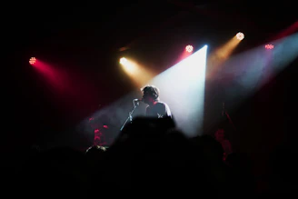 A poet passionately delivering spoken word under warm, golden stage lights.