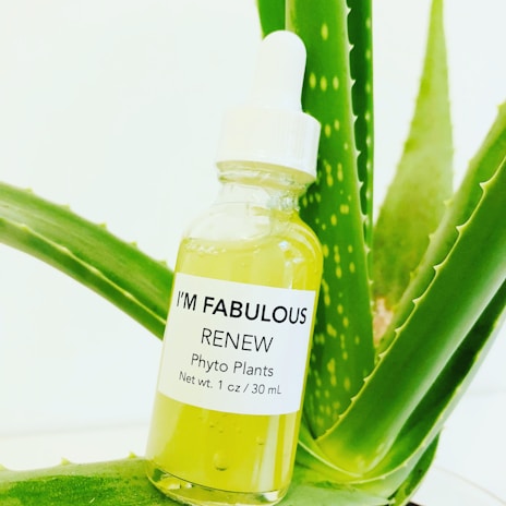 A small glass bottle with a dropper cap is filled with a yellow-green liquid. The bottle has a white label with black text that reads 'I'M FABULOUS RENEW Phyto Plants Net wt. 1 oz / 30 mL.' The bottle is positioned against the background of an aloe vera plant with green, spiky leaves.