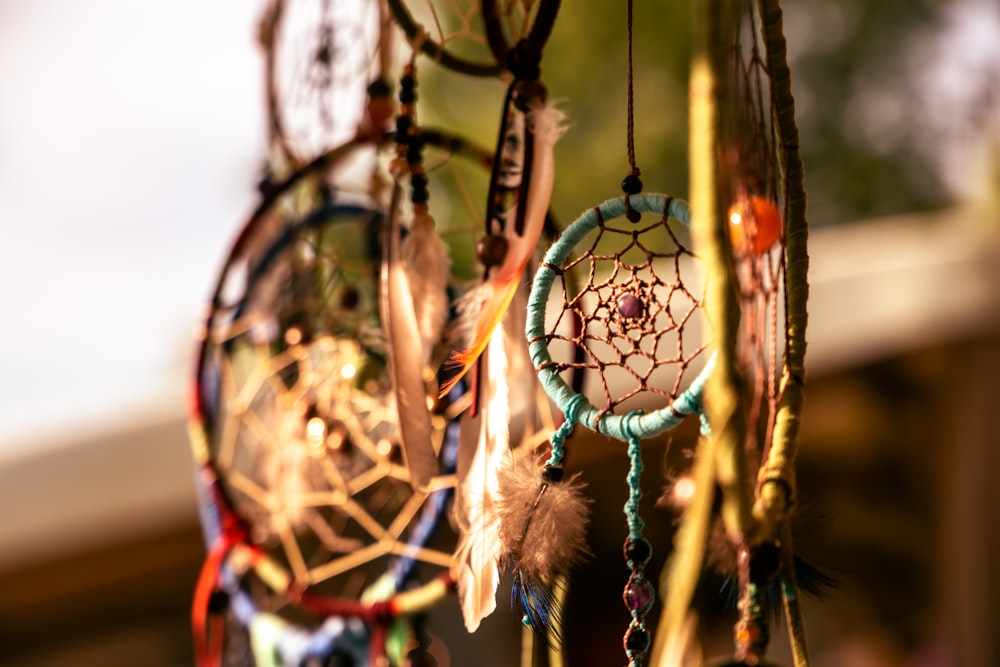 close-up photography of assorted-color dreamcatchers