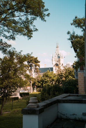 A scenic view of a historic landmark surrounded by lush greenery.