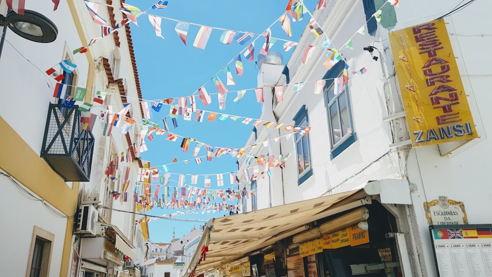 flaglets hanging between houses