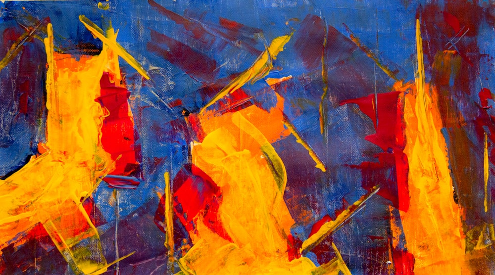 yellow, blue, brown, and red abstract painting