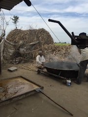 Two individuals are working in a rural setting, where one is attending to a large pot over a fire, suggesting a process of heating or cooking. In the background, there are stacks of harvested sugarcane and a field that stretches into the distance. The setting appears to be outdoors with a rustic and pastoral atmosphere.