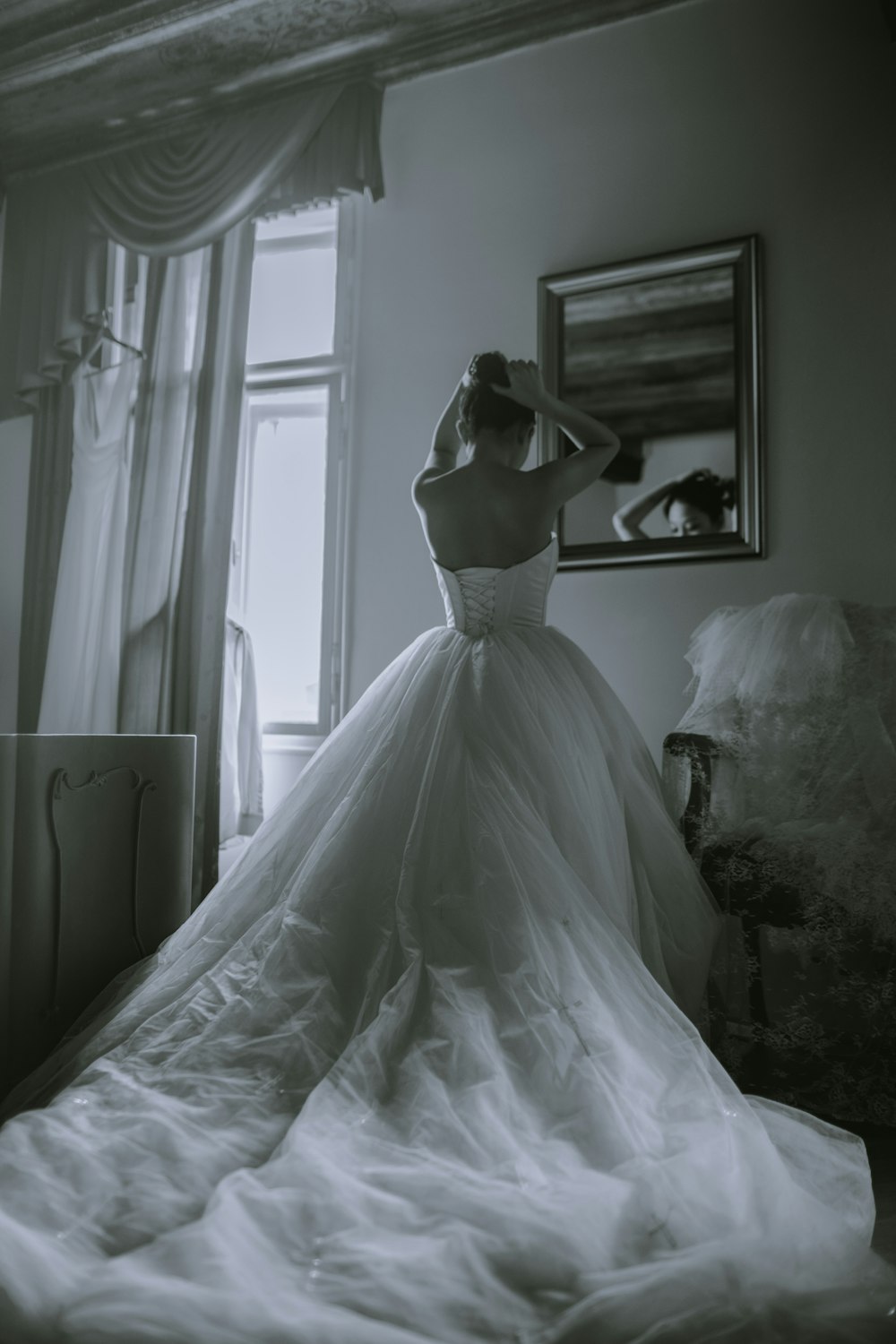bride getting ready wedding dress