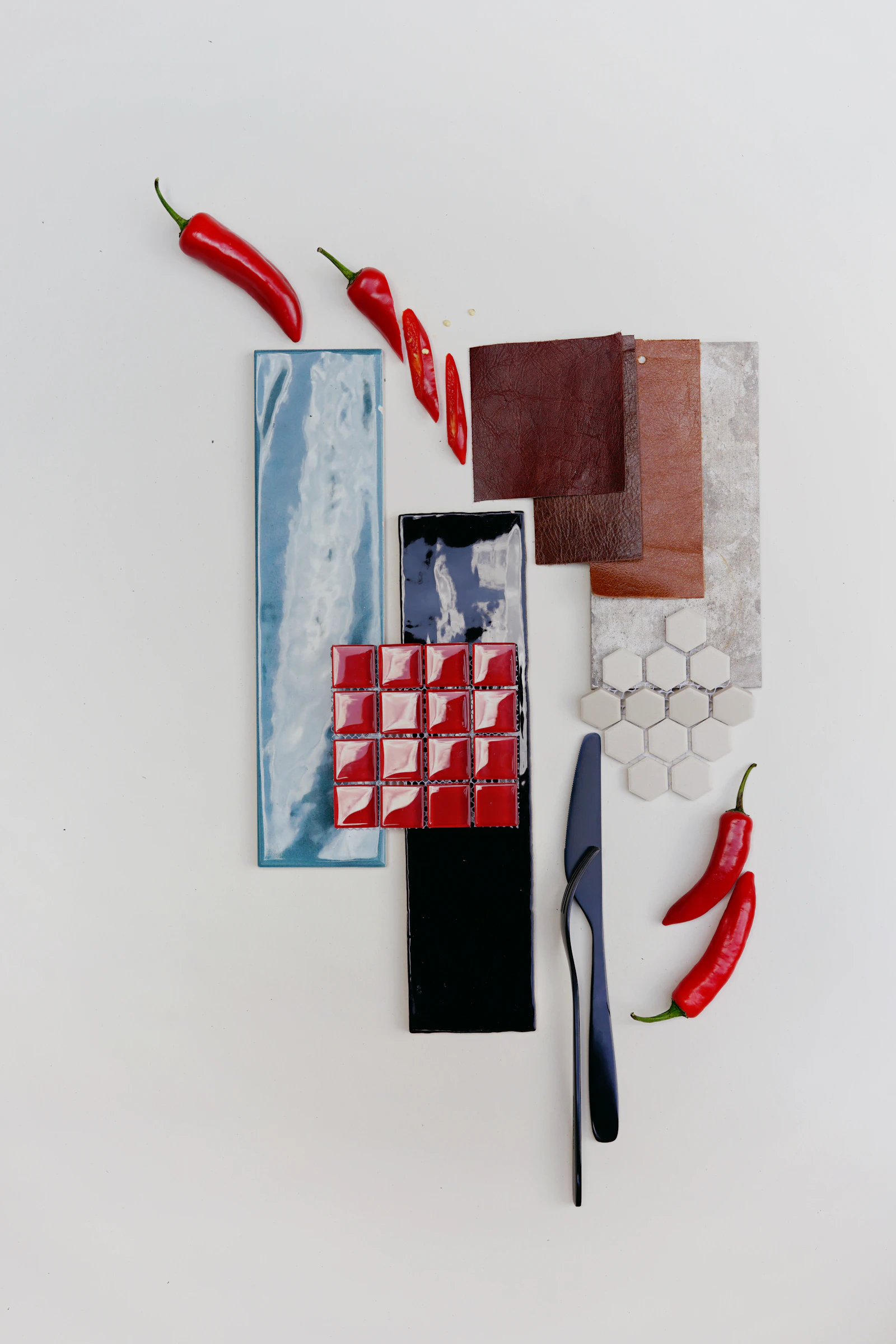Textiles and pattern swatches arranged on a table