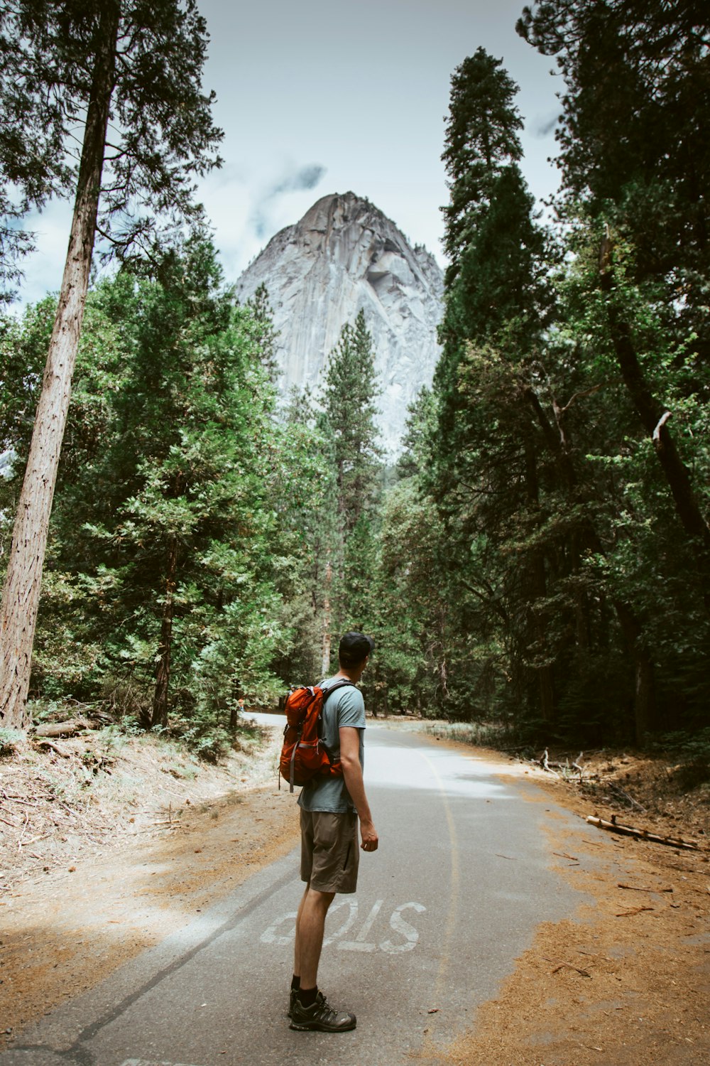 Hombre que lleva una mochila roja para acampar cerca de la montaña