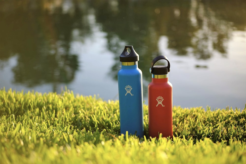 blue and red sports bottle on green grass near body of water during daytime