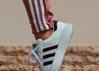 person wearing white and black adidas Superstar sneaker