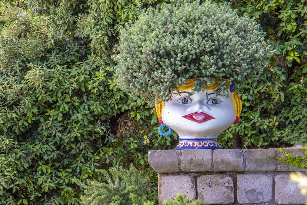 green leafed plant in white Buddha head pot