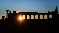 Sunset over the ancient ruins of Palmyra, casting long shadows across the desert.