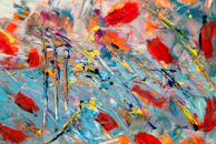 A vibrant contemporary painting featuring bold splashes of red and blue on a clean canvas.