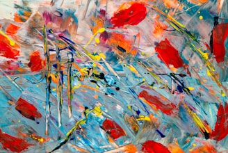 A vibrant abstract painting with bold colors and dynamic brushstrokes.