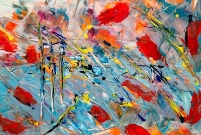 A vibrant abstract painting with bold colors and dynamic brushstrokes.