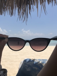 Trendy sunglasses displayed against a beach backdrop.
