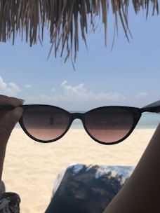 Trendy sunglasses displayed against a beach backdrop.