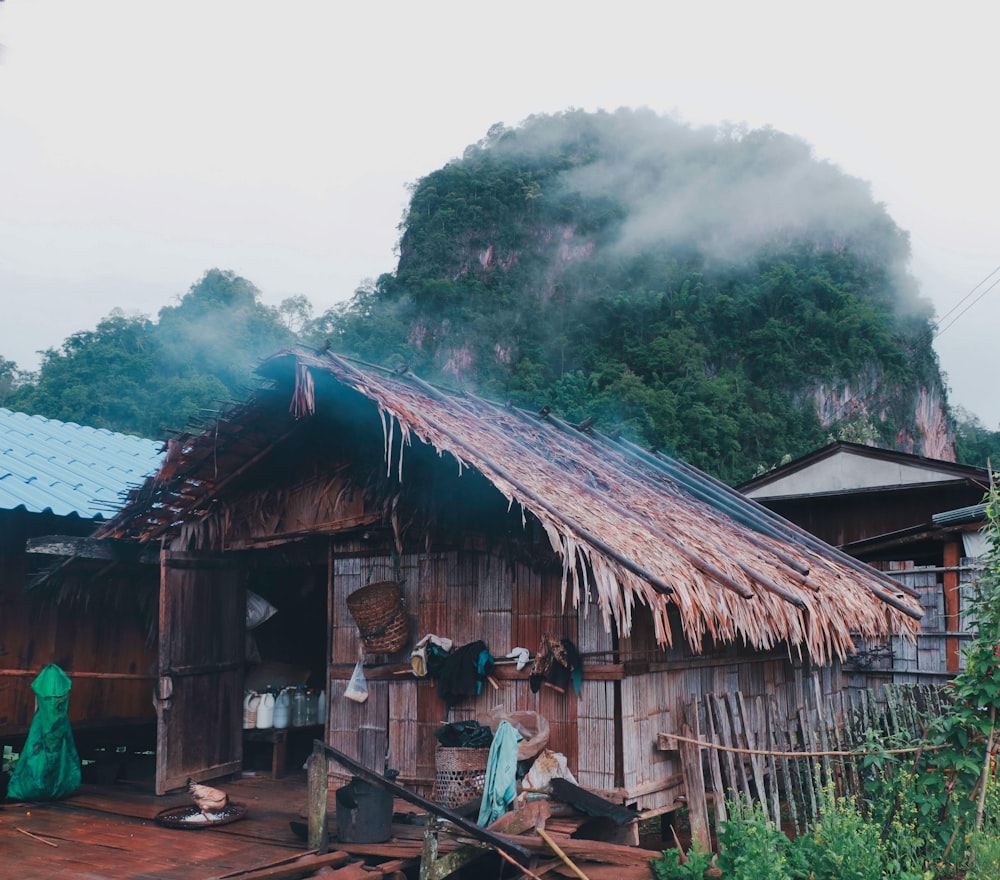 brown wooden house near the mountain