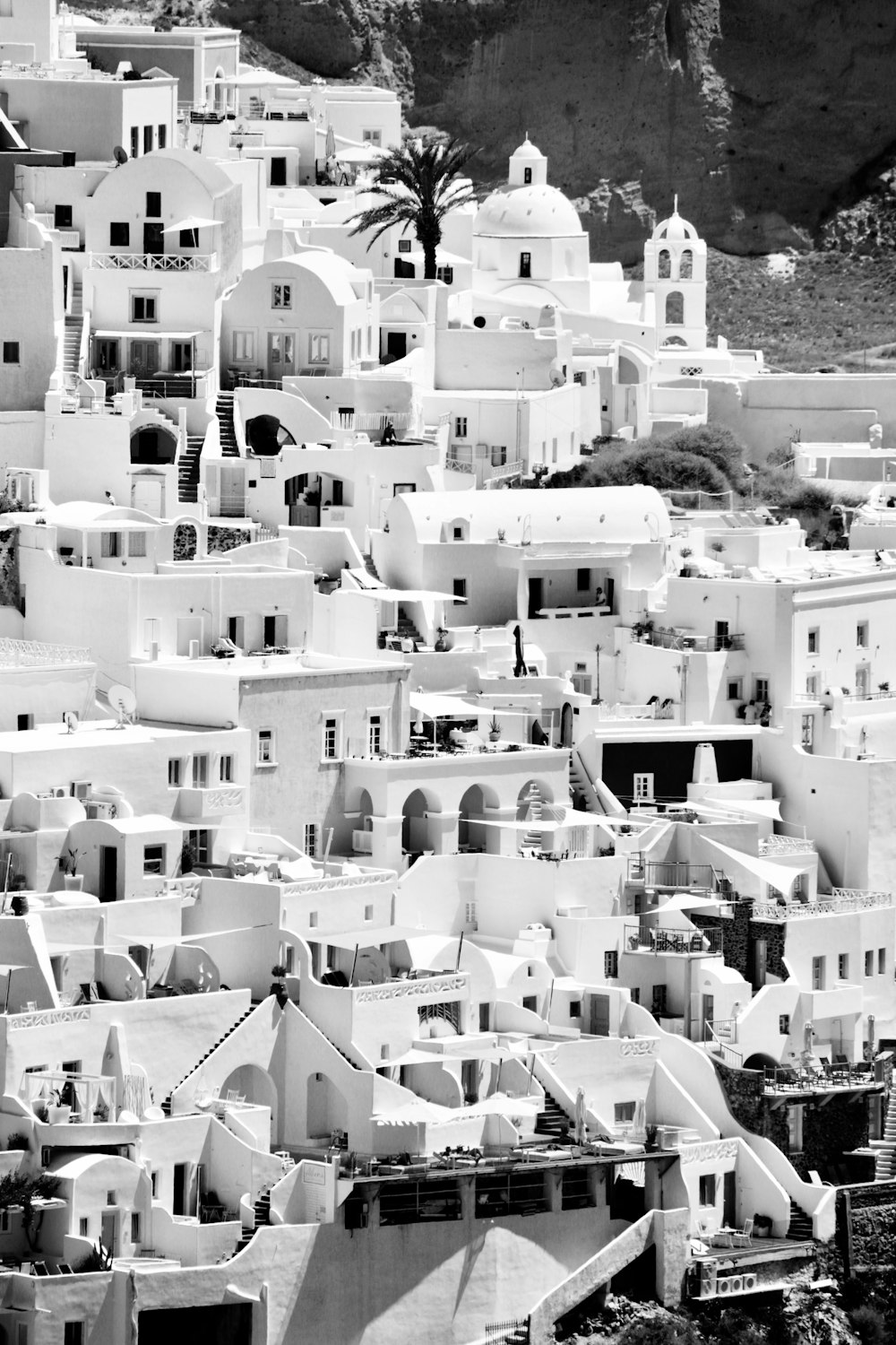 grayscale photo of Santorini