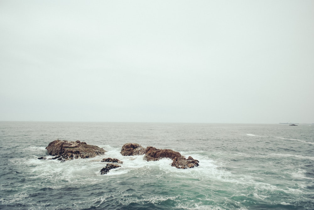 waves crushed on brown boulder at daytime