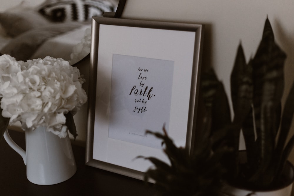 white petal flower beside picture frame