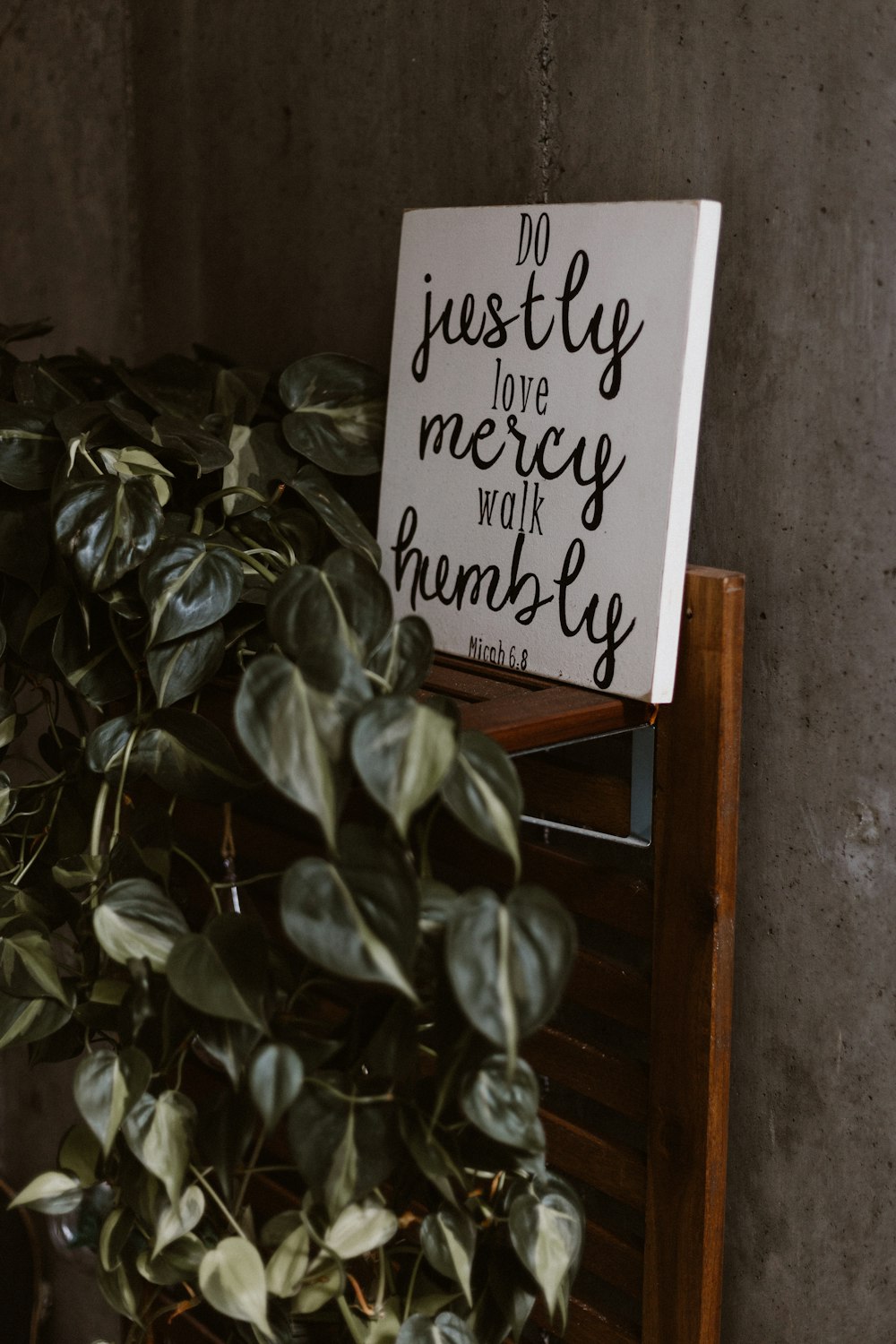 do justly love mercy walk humbly signage leaning on wall beside plants