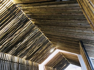 A roof structure constructed from slanted bamboo poles, creating a repetitive geometric pattern with light filtering through the gaps. The bamboo is arranged tightly, forming a semi-open ceiling of an architectural space that suggests an eco-friendly design.
