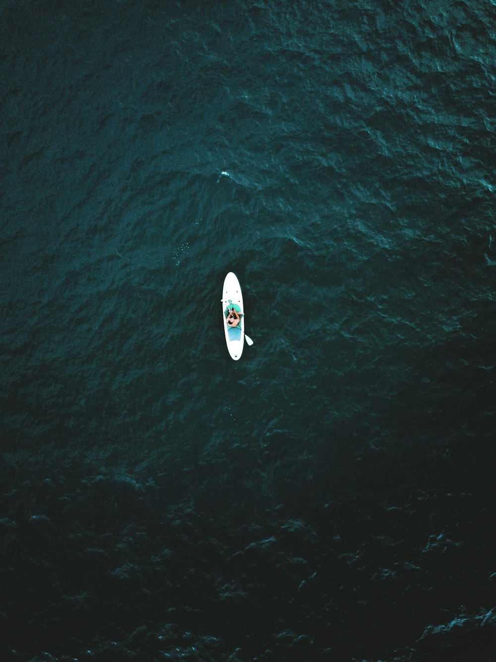bird's-eye view of person riding in kayak on body of water